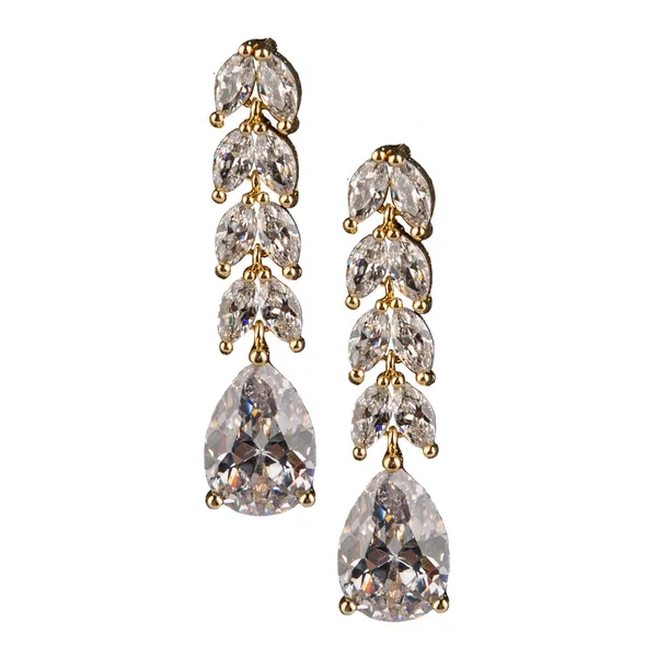 Ett Par Guld Örhängen Med Stora Diamanter Vit Isolerad Bakgrund — Stockfoto