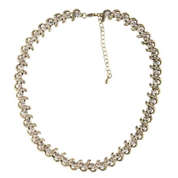 Gold Fashion Necklace Jewelry Diamonds Crystals White Background — Stock Photo, Image