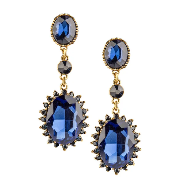 Goldene Ohrringe Mit Blauen Kristallen Auf Weißem Hintergrund — Stockfoto
