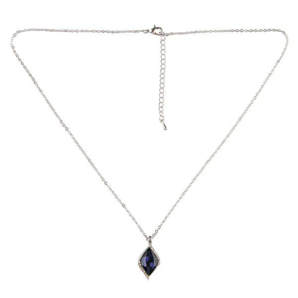 Silver Pendant Blue Diamond Sapphire Thin Chain White Background — Stock Photo, Image