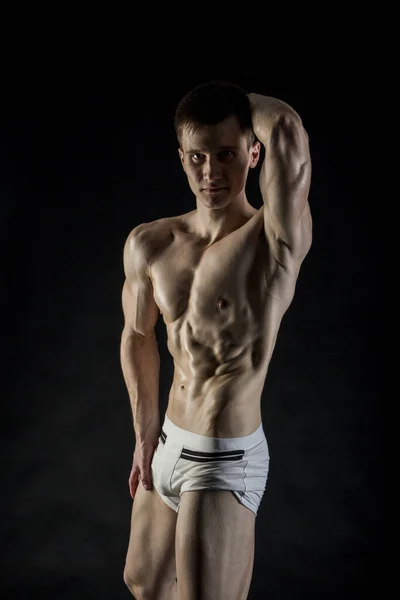 Handsome Muscular Guy Underwear Photo Taken Studio Dark Background — Stock Photo, Image