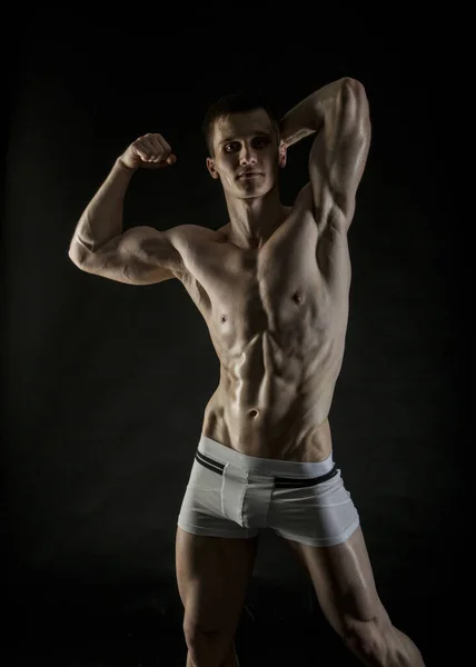 Handsome Muscular Guy Underwear Photo Taken Studio Dark Background — Stock Photo, Image