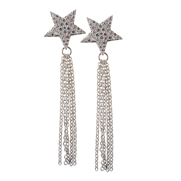 Paar Zilveren Diamanten Oorbellen Voor Bruid Witte Achtergrond Rechtenvrije Stockafbeeldingen