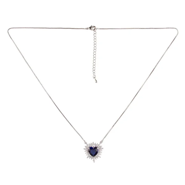 Colgante Plata Con Zafiro Diamante Azul Sobre Una Delgada Cadena — Foto de Stock