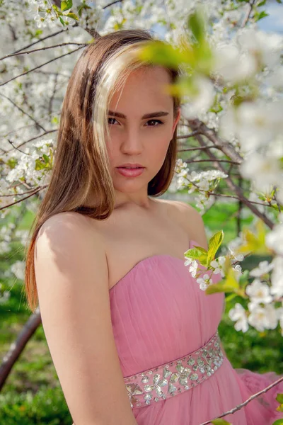 Porträtt Asiatisk Flicka Vacker Aftonklänning Blommande Trädgård Blommande Träd Japanska Royaltyfria Stockbilder