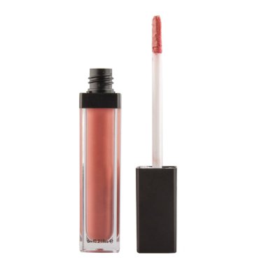 İzole edilmiş beyaz arkaplanda fırçası olan şeffaf bir pakette plastik açık dudak parlatıcısı