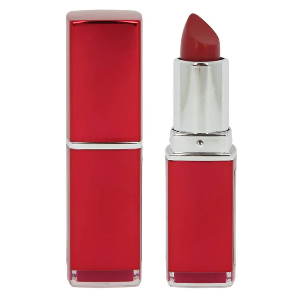 Open Lippenstift Een Rood Plastic Doosje Een Witte Geïsoleerde Achtergrond — Stockfoto