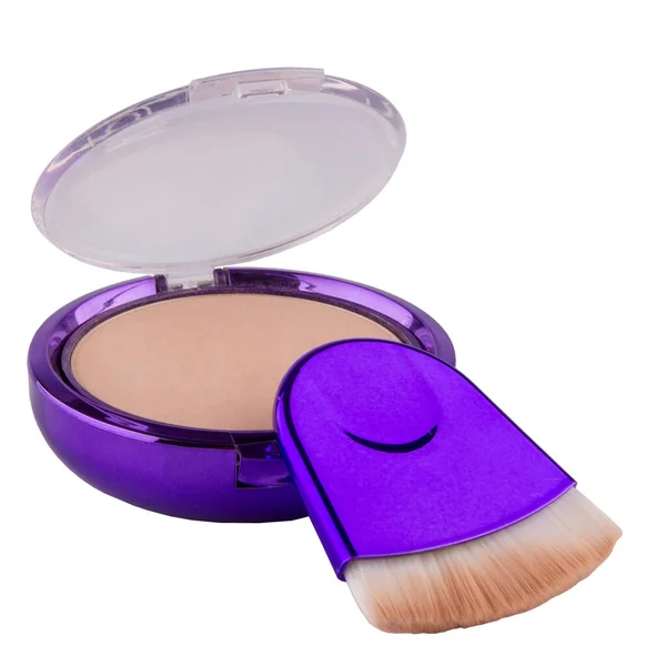 Face Makeup Powder Plastic Case Brush White Background — Stock Photo, Image