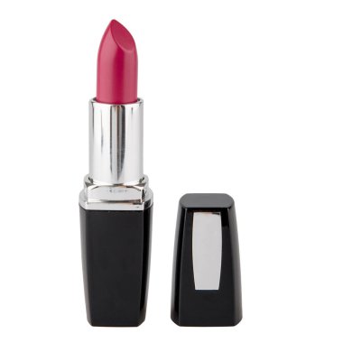 Beyaz arkaplanda siyah bir çantada ruj aç