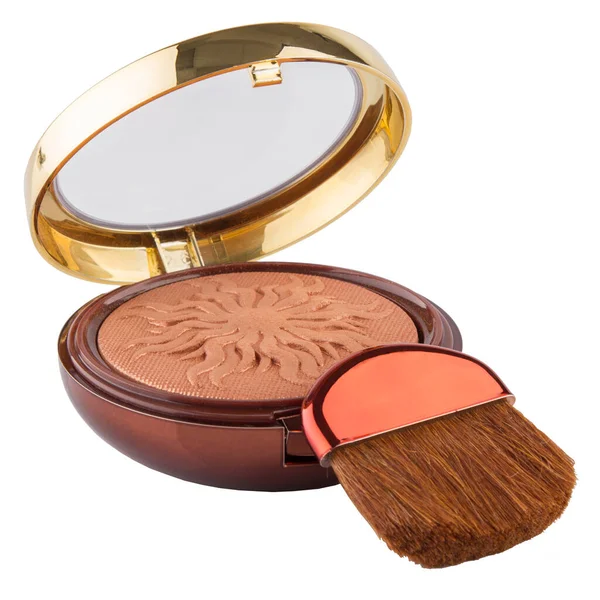 Bronzer Powder Facial Makeup Plastic Case Mirror Brush White Background — Stock Photo, Image