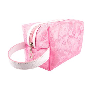 Pembe kozmetik çanta. Beyaz arka planda kozmetik çanta.
