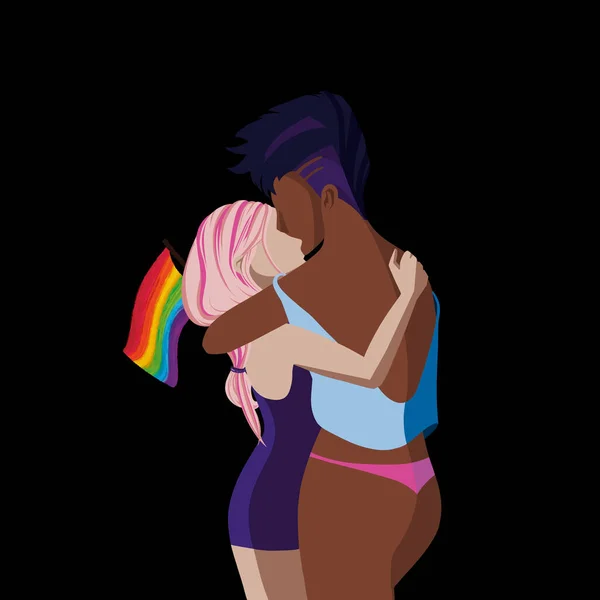 恋爱中的男女同性恋 双性恋和变性者的彩虹旗 两个接吻的女人庆祝反对暴力 歧视和侵犯人权行为自豪月 — 图库照片