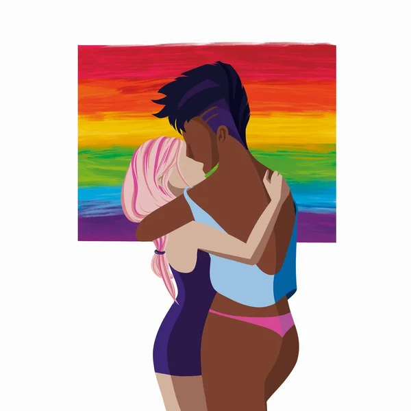 Pareja Lesbianas Enamoradas Sosteniendo Banderas Arco Iris Lgbt Dos Mujeres —  Fotos de Stock