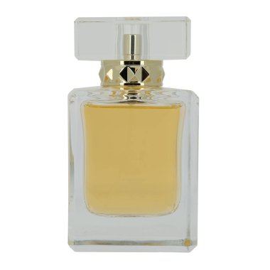 İçinde parfüm olan cam şişe. Beyaz bir arka planda ayrıyız. osmetik ürün.