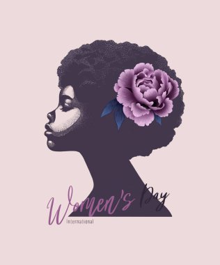 Siyah bir kadının çiçek aranjmanıyla siluetinin bir tasviri. Portre, şakayık, yaprak, çiçek aranjmanı, kafasında buket. Yazdırma biçimi