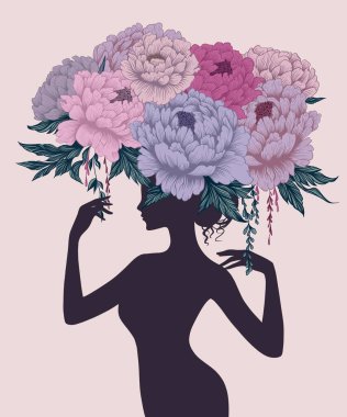 Çiçek aranjmanıyla bir kadının kafasının 8-03Illustration silueti. Çiçek portresi, şakayıklar, yapraklar, çiçek aranjmanı, kafasında buket.. 
