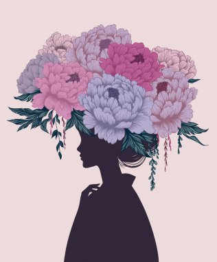 Çiçek aranjmanıyla bir kadının kafasının 8-03Illustration silueti. Çiçek portresi, şakayıklar, yapraklar, çiçek aranjmanı, kafasında buket.. 