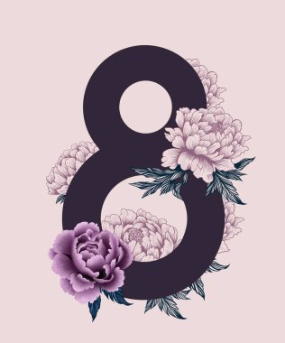 İllüstrasyon kartpostalı, 8 Mart 'ın posteri, yazıcı tasarımlı Uluslararası Kadınlar Günü. 8 numara için şakayık çiçeği, pastel gölgeler.