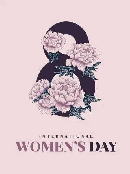 Illustration postcard, poster for March 8, International Women\'s Day in Printmaking style with lettering design. Peony flower for number 8, pastel shades