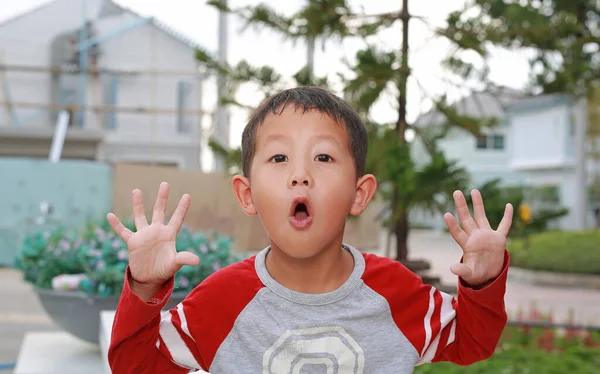 花园里令人惊讶的亚洲小男孩的画像 小孩看着相机 双手张开 — 图库照片