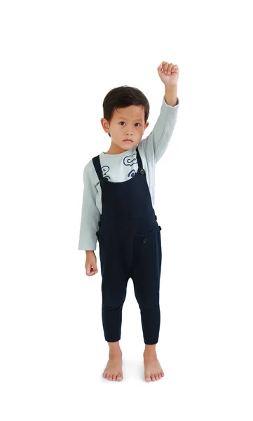 Mały Azjatycki Chłopiec Podniósł Rękę Białym Tle Pełna Długość Obrazu — Zdjęcie stockowe