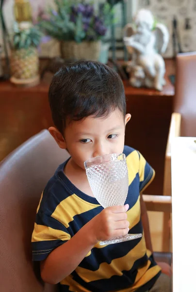 Retrato Niño Asiático Bebiendo Agua Vaso Mientras Está Sentado Restaurante — Foto de Stock
