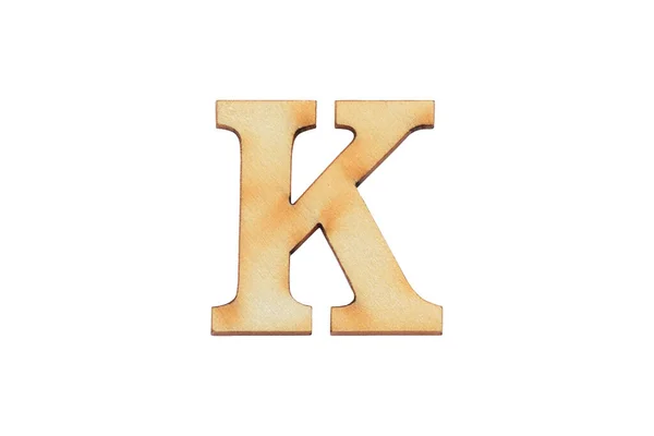 英語のフラットウッド文字K アルファベット文字木製のフォントは 白の背景に隔離 — ストック写真