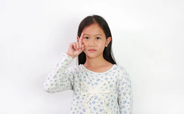 Porträtt Asiatiska Unga Flicka Unge Visa Ett Pekfinger Och Titta — Stockfoto