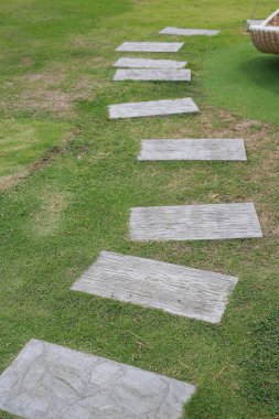 Ev bahçesinde yeşil çimlere karşı taş kaldırım.