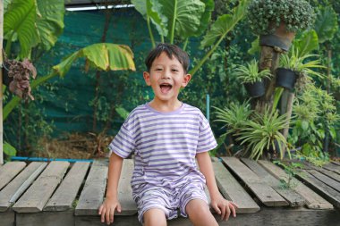 Neşeli Asyalı küçük çocuk yaz bahçesinde küçük tahta bir köprüde oturuyor..