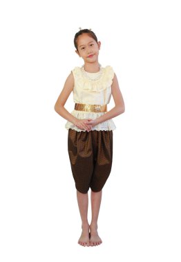 Beautiful Asian girl child in traditional Thai costume dress composed standing posture isolated on white background. Image full length with clipping path. clipart