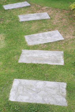 Ev bahçesinde yeşil çimlere karşı taş kaldırım.