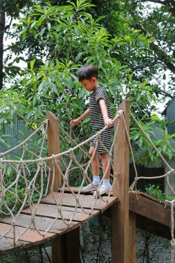 Asyalı küçük çocuk asma tahta köprüde yürüyor. Çocuk halat köprüsünde oynuyor Park parkında ekipman.