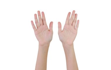 Sol ve sağ avuç içi beyaz stüdyo arka planına karşı. Kırpma yolu olan parmak elli kız..