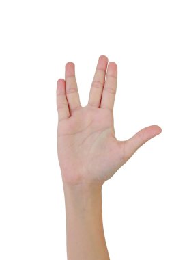 Beyaz arka planda Vulkan selamlaması var. El ve parmaklar, ucube kültürü.