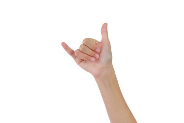 El ve başparmak izole edilmiş beyaz arka planda görünüyor, telefona benzer bir şekil alıyor. Bu jest, 