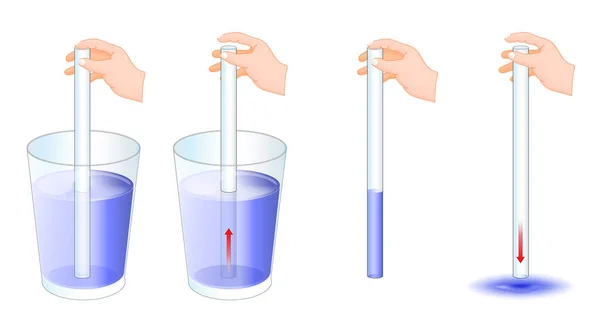 孩子们的实验 带有水的玻璃杯和玻璃管 真空和大气压的解释 化学或医学实验室设备 矢量说明 — 图库矢量图片