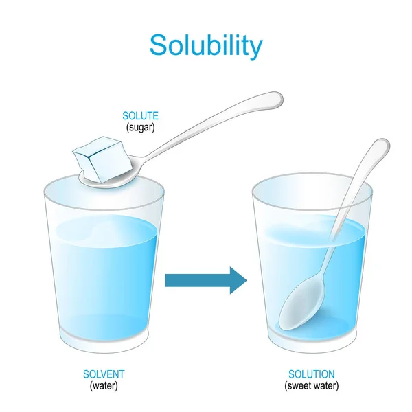 溶解性 解決策だ 砂糖と水のガラスを使った実験です 甘い水溶液の混合物を作る 化学だ ベクターポスター — ストックベクタ