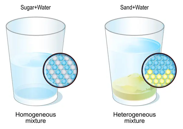 Homogeneous Heterogeneous Mixture Two Glasses Sugar Water Sand Water Close — Stock Vector