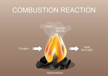Combustion chemical reaction. Stoichiometric combustion of a hydrocarbon in oxygen for example of flame of fires, air is the source of oxygen O2. Isometric flat vector Illustration clipart
