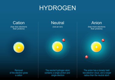 Anion, Cation ve nötr hidrojen atomları. Elektronun kaldırılmasından sonra bir katyon oluşur. Anyonun gevşek bir elektron bulutu ve nötr atomdan daha büyük bir yarıçapı vardır. Nötr hidrojen atomu tek bir proton ve tek bir elektro içerir.