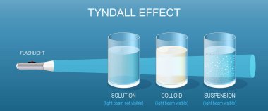 Tyndall etkisi. El feneri ışınıyla bilim deneyi Çözüm 'de görünmez, ama cam' da Colloid ve Askıda görülebilir. İzometrik düz çizim. Eğitim için vektör posteri.