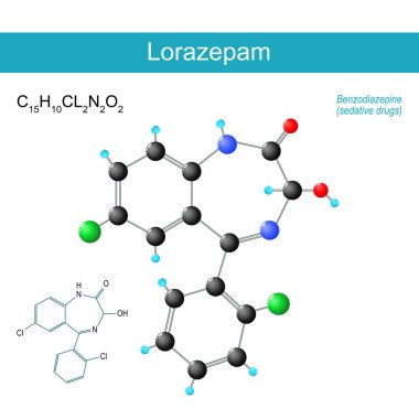 lorazepam molecule. molecular chemical structural formula and model of benzodiazepine medication for treat anxiety and trouble sleeping. Vector illustration clipart