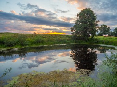 Bug nehrinin yanındaki gölün üzerinde gün doğumu. Podlasie. Podlachia. Polonya, Avrupa. Bölgeye Podlasko veya Podlasze denir. Panoramik görünüm.