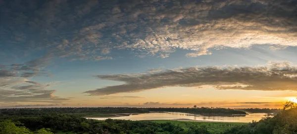 Zonsondergang Bij Javari Zijrivier Van Amazone Amazonië Selva Grens Van — Stockfoto