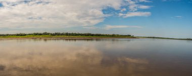 Amazon nehri için kargo gemisinin güvertesinden panoramik manzara