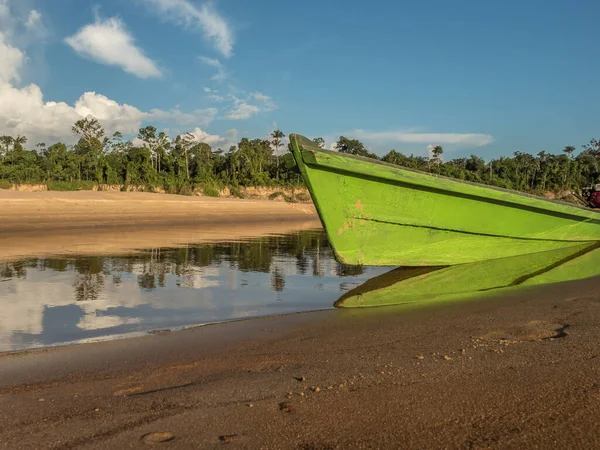 Wooden Boats Sandy Beach Javari River Tributary Amazon River Low — Stock Photo, Image