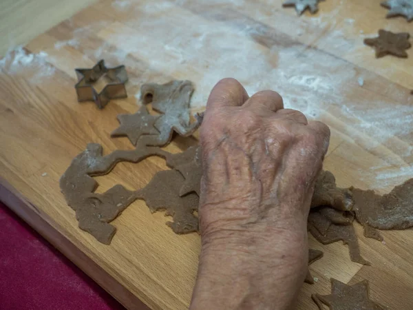 Elderly Woman Kneading Dough Preparing Christmas Cookies — Stock Photo, Image