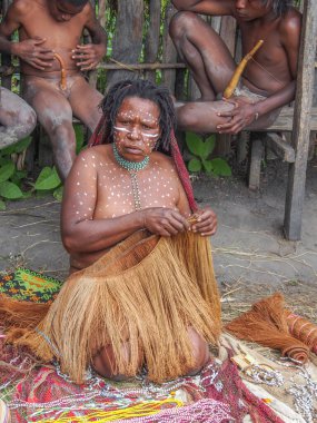 Wamena, Endonezya - 23 Ocak 2015: Dani kabile kadını geleneksel kıyafetleriyle, etek biçimli çimen. Baliem Vadisi, Batı Papua. Dani halkı da Ndani diye heceleniyor.