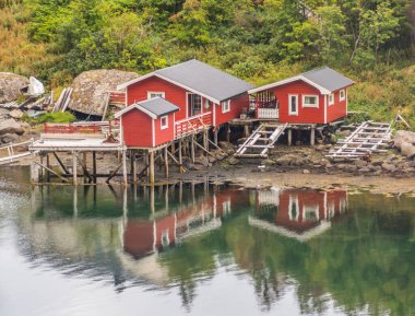 Reine 'deki ahşap evlerin manzarasını kapat. Lofoten adaları. Norveç. Avrupa.